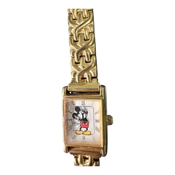 Vintage Disney Mickey Mouse Watch Gold Tone Tank Roman Numeral Link Bracelet main image 6